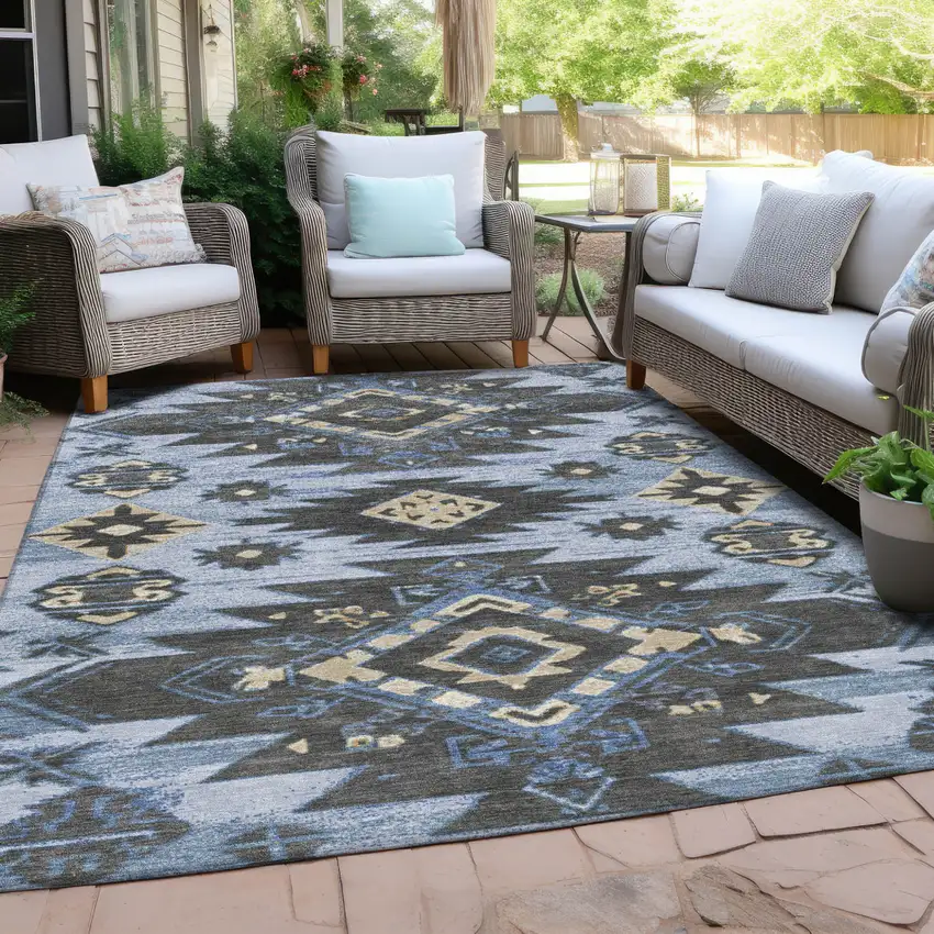 Blue And Charcoal Tribal Washable Indoor Outdoor Area Rug Photo 5