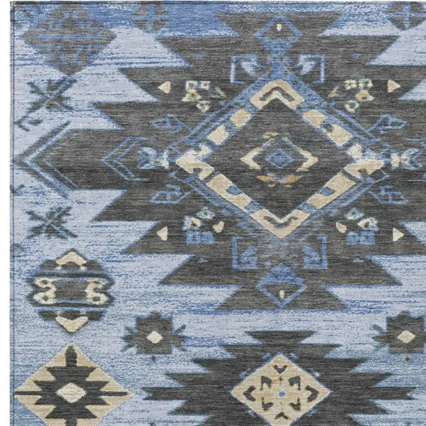 Blue And Charcoal Tribal Washable Indoor Outdoor Area Rug Photo 9