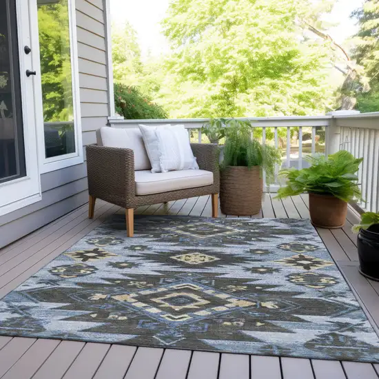 Blue And Charcoal Tribal Washable Indoor Outdoor Area Rug Photo 8