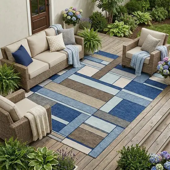 Blue And Chocolate Geometric Washable Indoor Outdoor Area Rug Photo 1