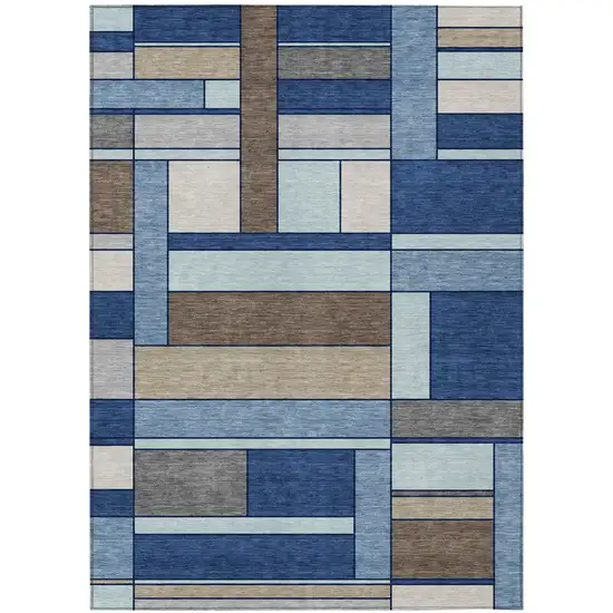 Blue And Chocolate Geometric Washable Indoor Outdoor Area Rug Photo 2