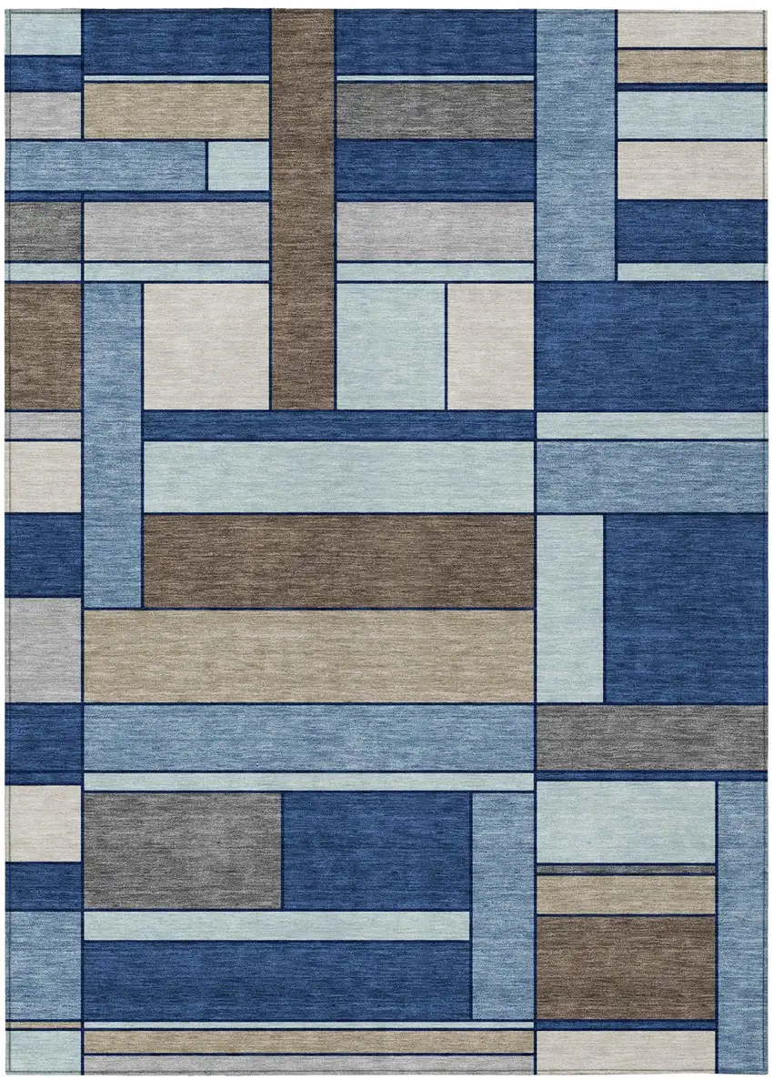 Blue And Chocolate Geometric Washable Indoor Outdoor Area Rug Photo 2