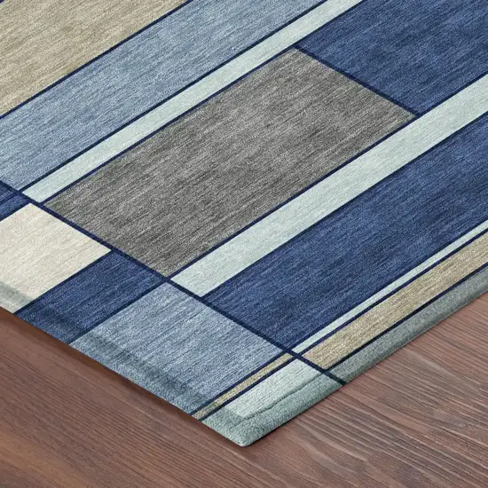 Blue And Chocolate Geometric Washable Indoor Outdoor Area Rug Photo 3