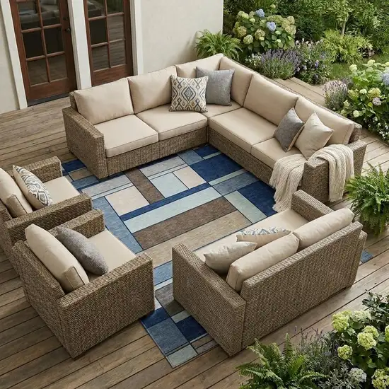 Blue And Chocolate Geometric Washable Indoor Outdoor Area Rug Photo 1