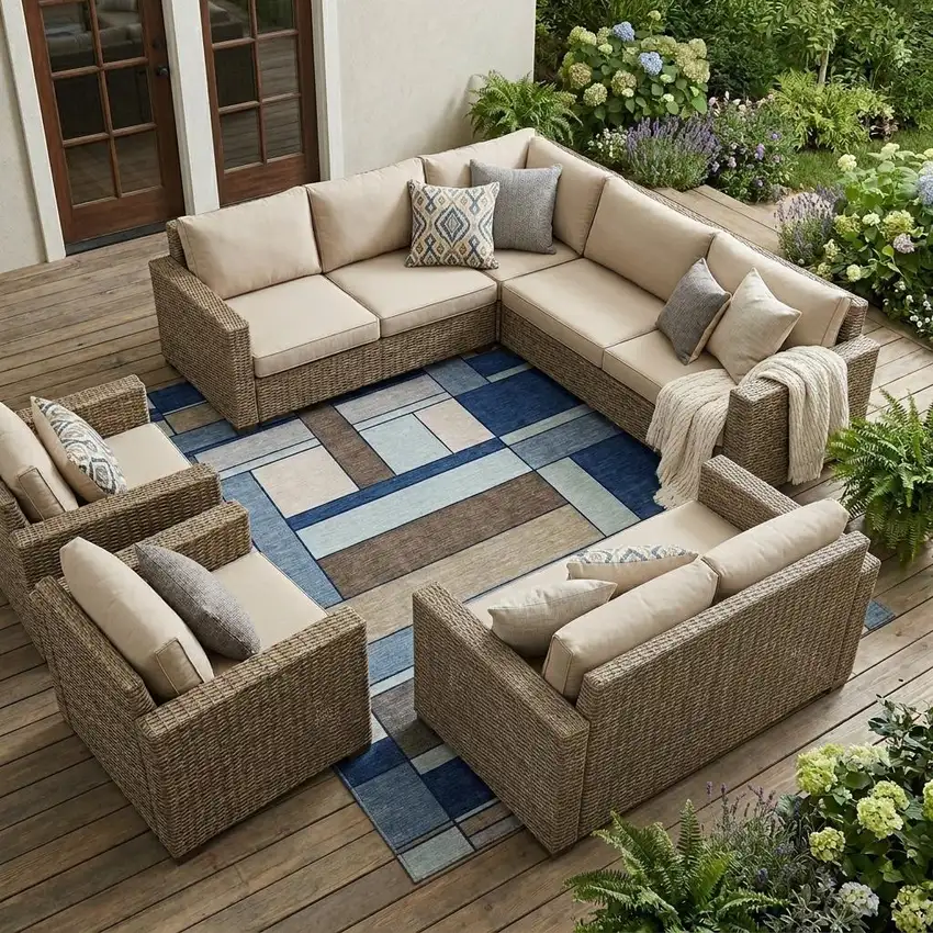 Blue And Chocolate Geometric Washable Indoor Outdoor Area Rug Photo 1