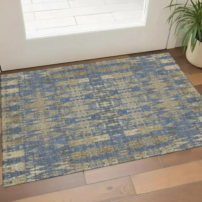 Blue And Chocolate Moroccan Washable Area Rug With UV Protection Photo 1