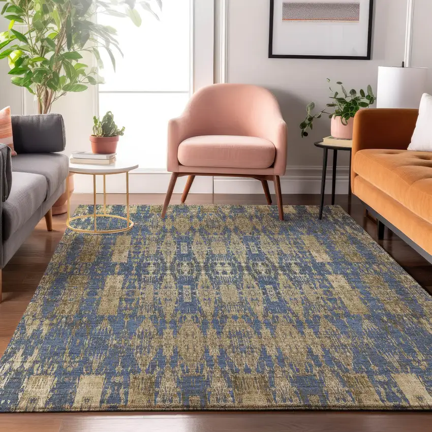 Blue And Chocolate Moroccan Washable Area Rug With UV Protection Photo 3