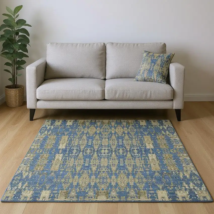 Blue And Chocolate Moroccan Washable Area Rug With UV Protection Photo 2