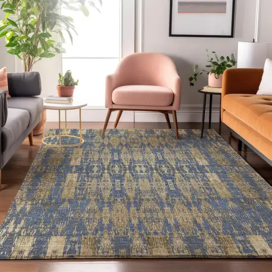 Blue And Chocolate Moroccan Washable Area Rug With UV Protection Photo 4