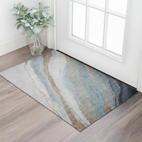 Blue And Copper Abstract Washable Area Rug With UV Protection Photo 2