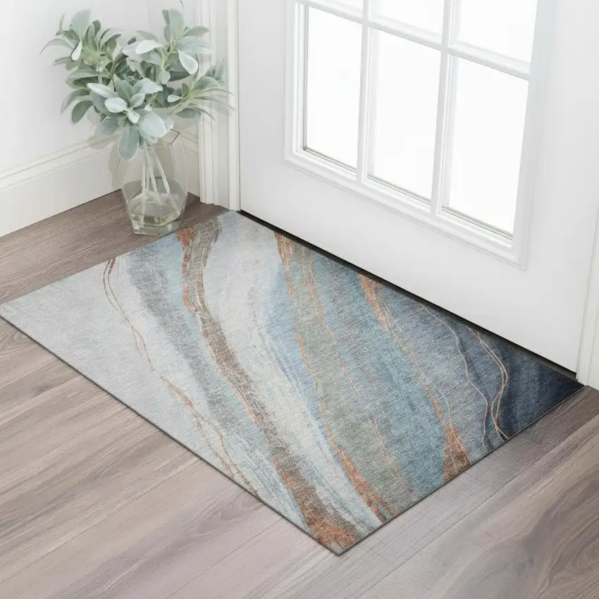 Blue And Copper Abstract Washable Area Rug With UV Protection Photo 2
