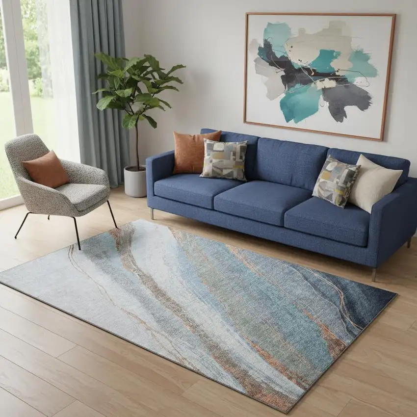 Blue And Copper Abstract Washable Area Rug With UV Protection Photo 2