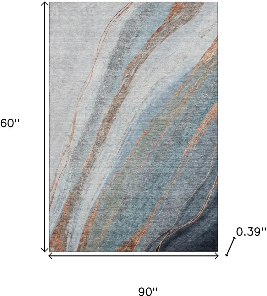 Blue And Copper Abstract Washable Area Rug With UV Protection Photo 9