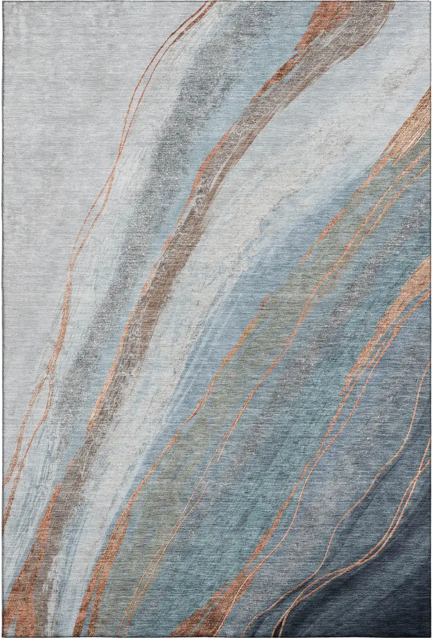 Blue And Copper Abstract Washable Area Rug With UV Protection Photo 1