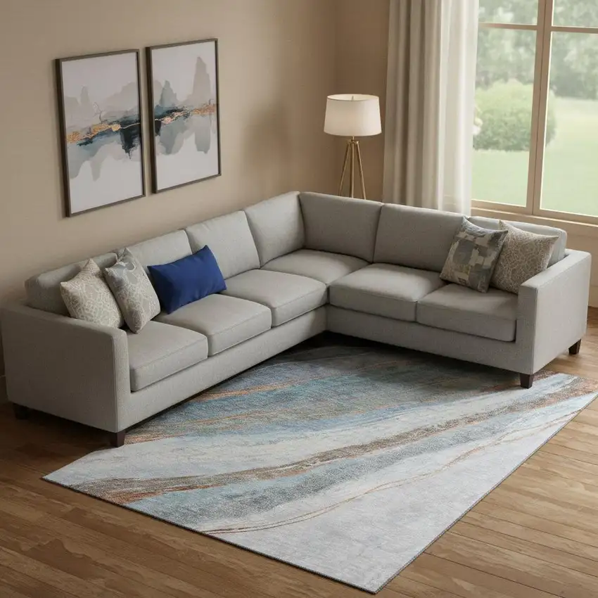 Blue And Copper Abstract Washable Area Rug With UV Protection Photo 2