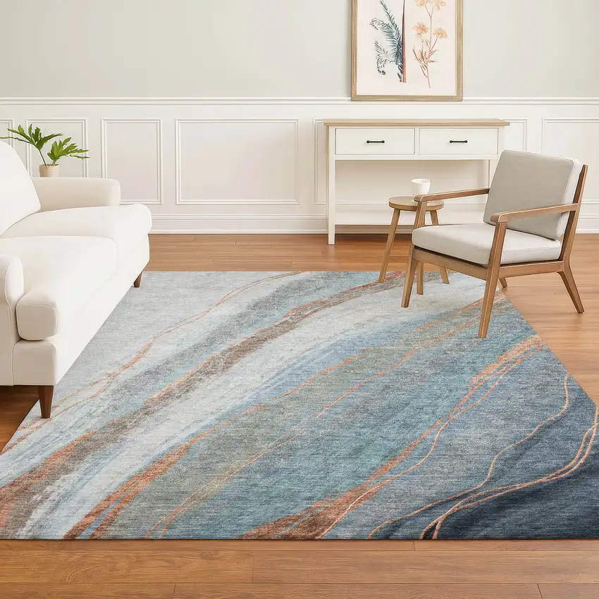 Blue And Copper Abstract Washable Area Rug With UV Protection Photo 6