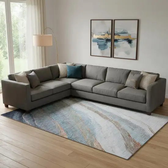 Blue And Copper Abstract Washable Area Rug With UV Protection Photo 1