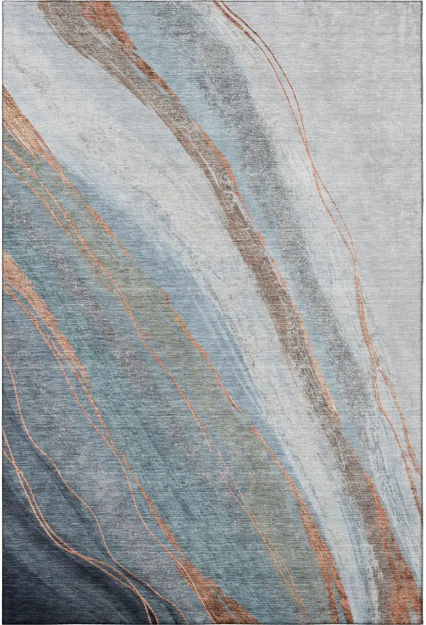 Blue And Copper Abstract Washable Area Rug With UV Protection Photo 4