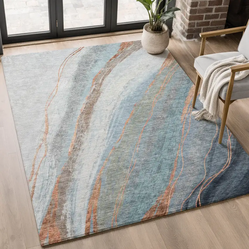 Blue And Copper Abstract Washable Area Rug With UV Protection Photo 5