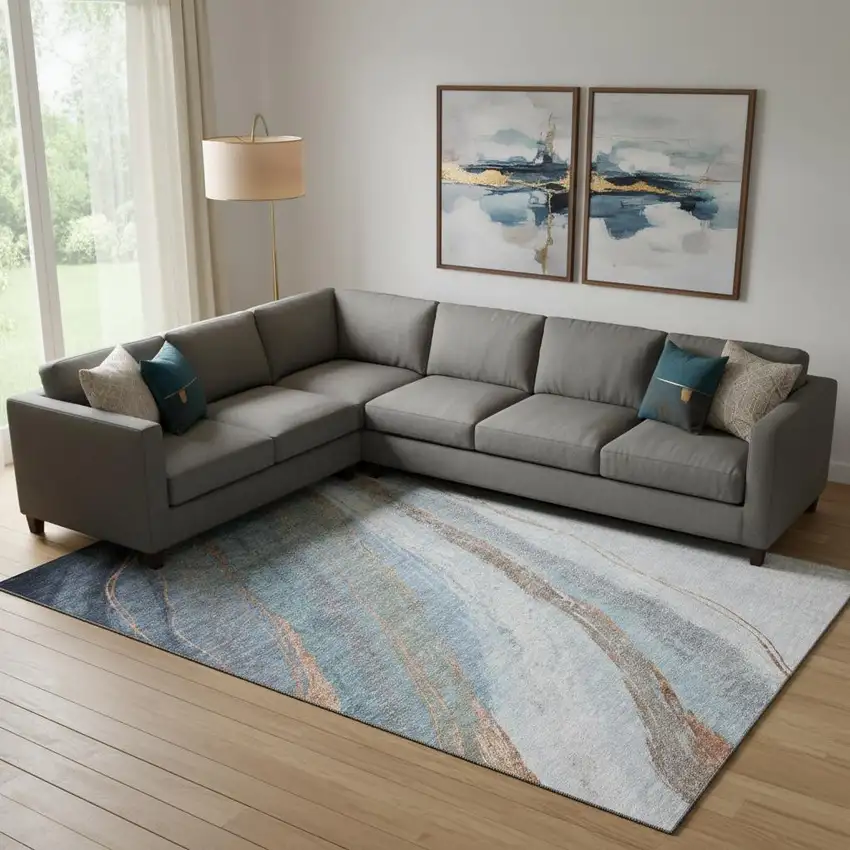 Blue And Copper Abstract Washable Area Rug With UV Protection Photo 2