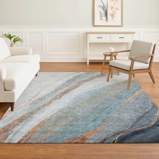 Blue And Copper Abstract Washable Area Rug With UV Protection Photo 6