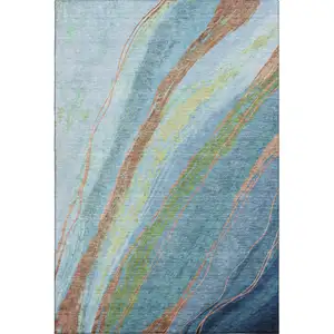 Photo of Blue And Copper Abstract Washable Area Rug With UV Protection