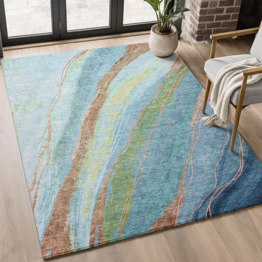 Blue And Copper Abstract Washable Area Rug With UV Protection Photo 4