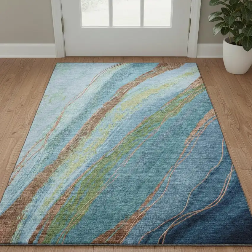 Blue And Copper Abstract Washable Area Rug With UV Protection Photo 2