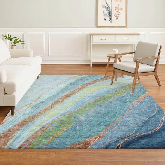 Blue And Copper Abstract Washable Area Rug With UV Protection Photo 6