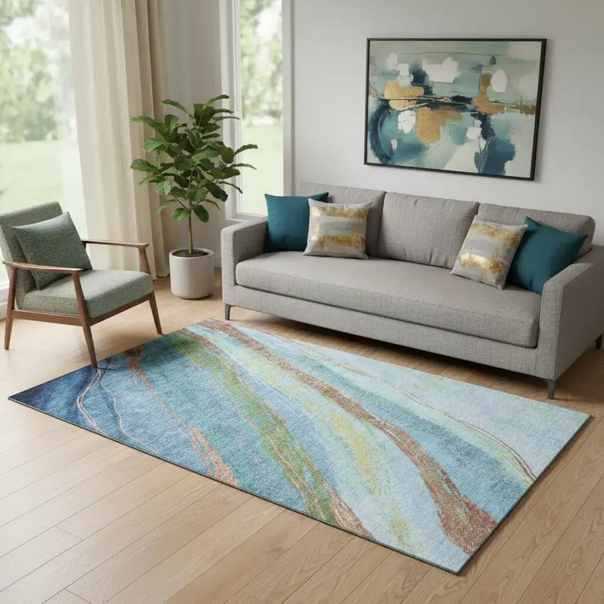 Blue And Copper Abstract Washable Area Rug With UV Protection Photo 2