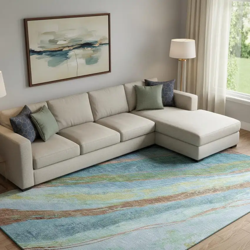 Blue And Copper Abstract Washable Area Rug With UV Protection Photo 2