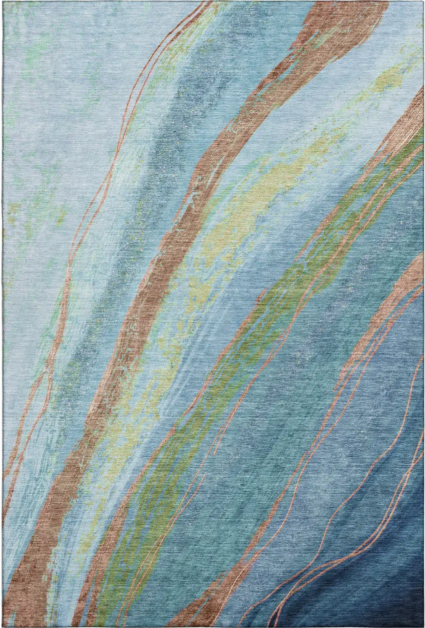 Blue And Copper Abstract Washable Area Rug With UV Protection Photo 1