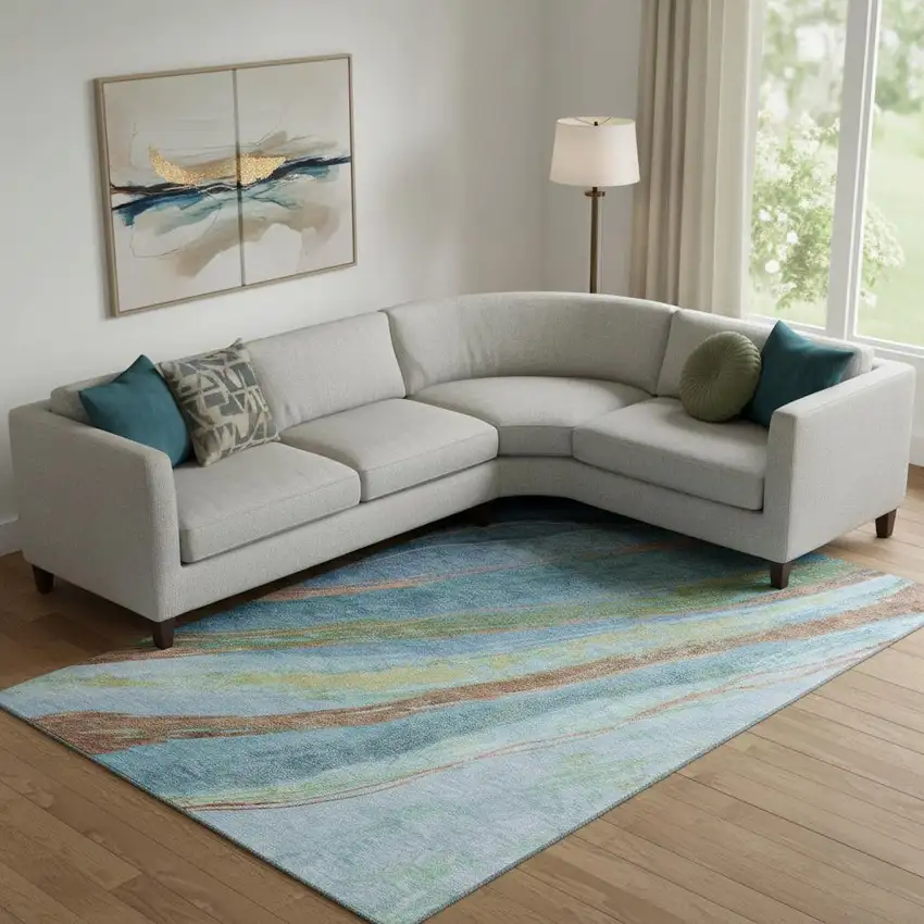 Blue And Copper Abstract Washable Area Rug With UV Protection Photo 2