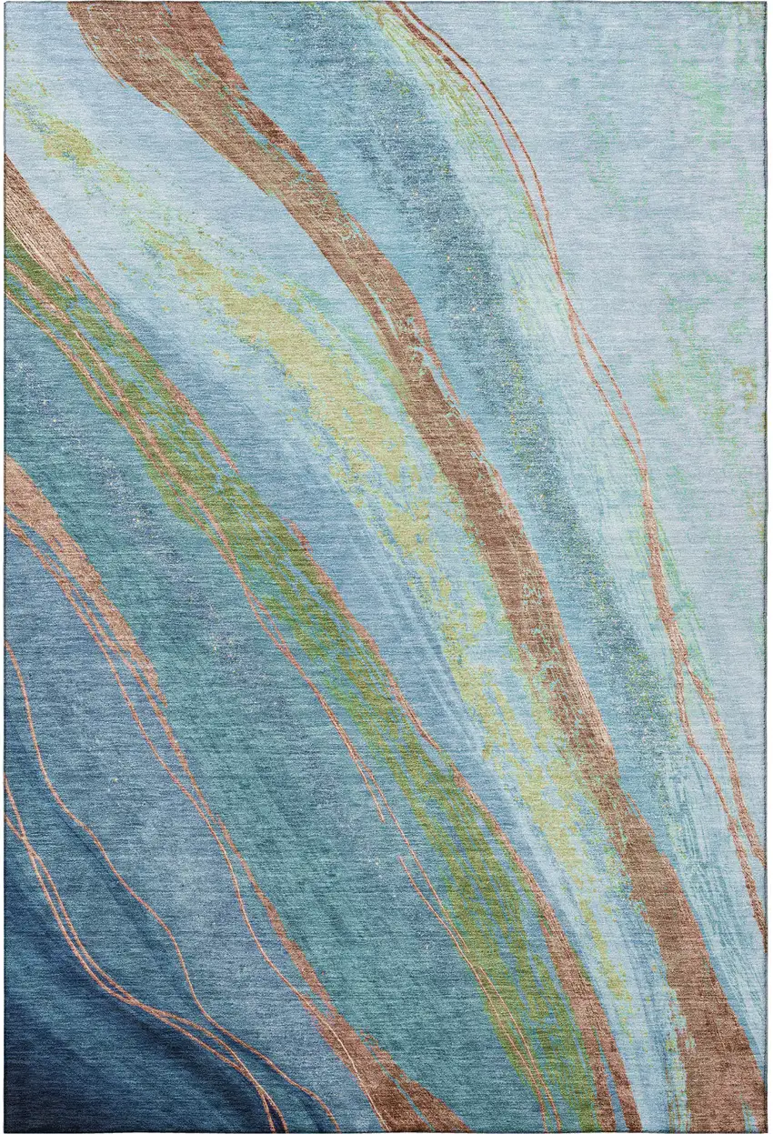 Blue And Copper Abstract Washable Area Rug With UV Protection Photo 4