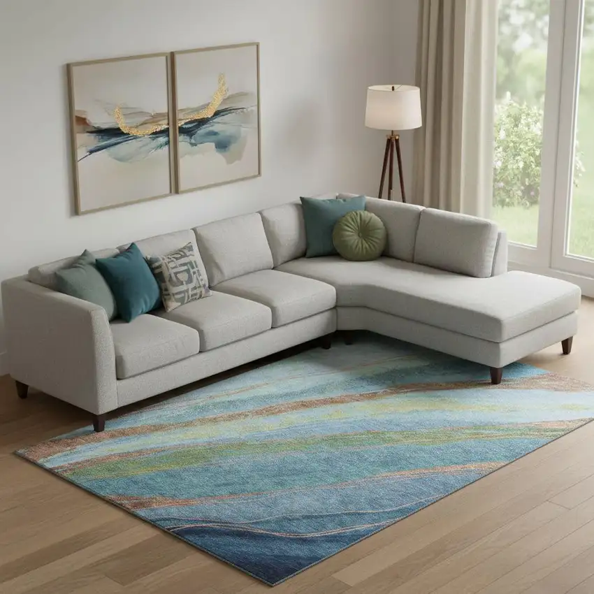 Blue And Copper Abstract Washable Area Rug With UV Protection Photo 2