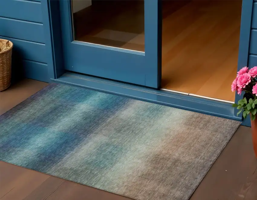Blue And Copper Abstract Washable Indoor Outdoor Area Rug Photo 2