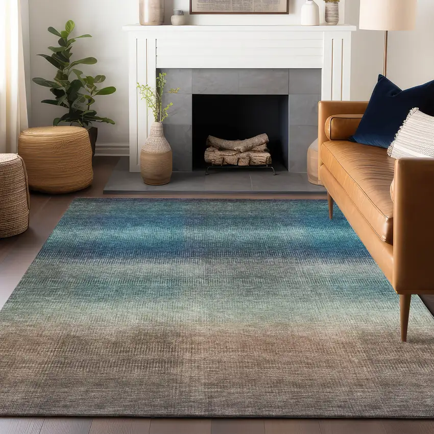 Blue And Copper Abstract Washable Indoor Outdoor Area Rug Photo 6