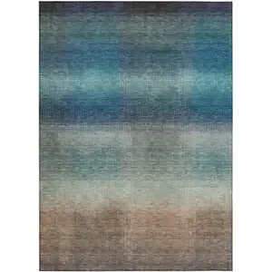 Photo of Blue And Copper Abstract Washable Indoor Outdoor Area Rug