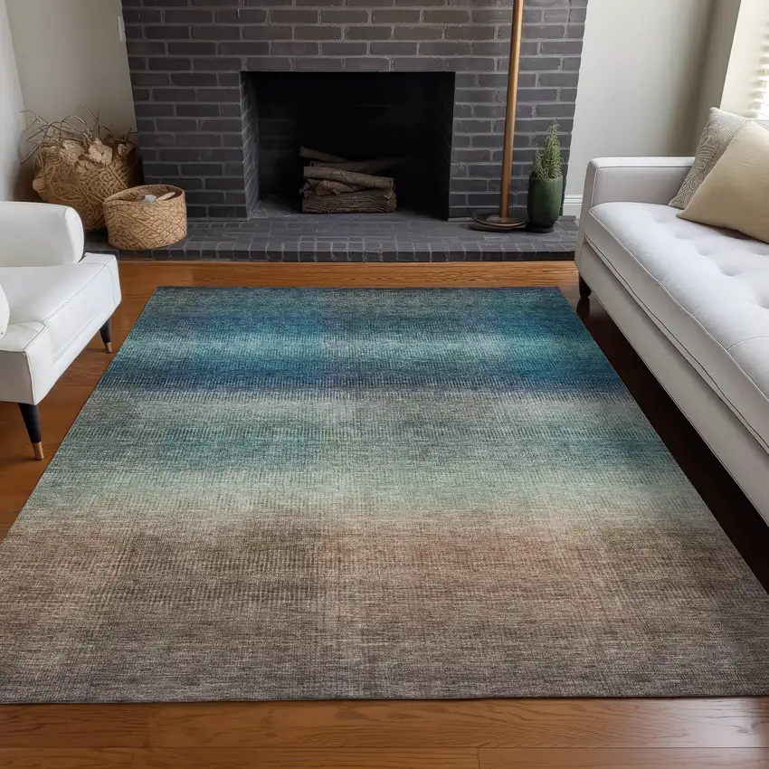 Blue And Copper Abstract Washable Indoor Outdoor Area Rug Photo 6
