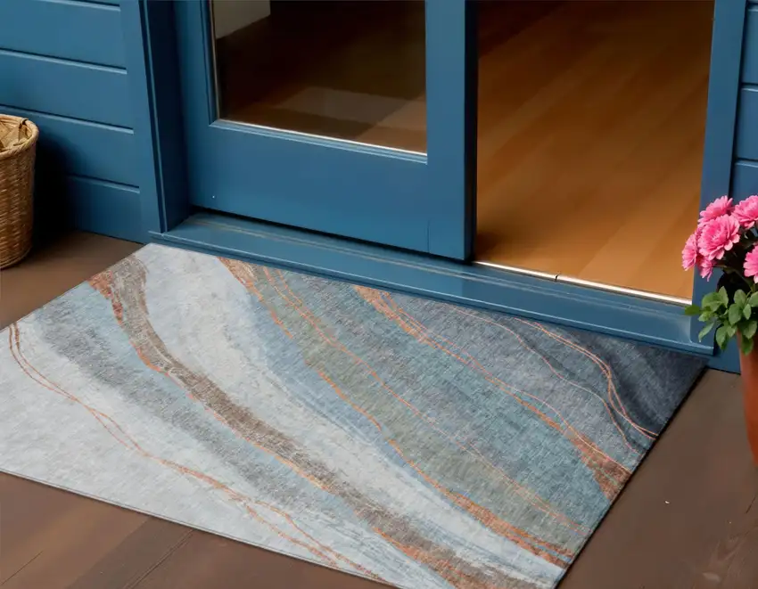Blue And Copper Abstract Washable Indoor Outdoor Area Rug Photo 2