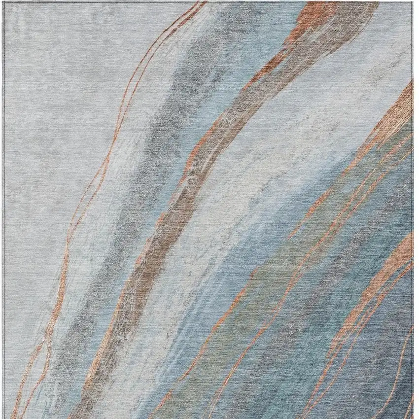 Blue And Copper Abstract Washable Indoor Outdoor Area Rug Photo 7