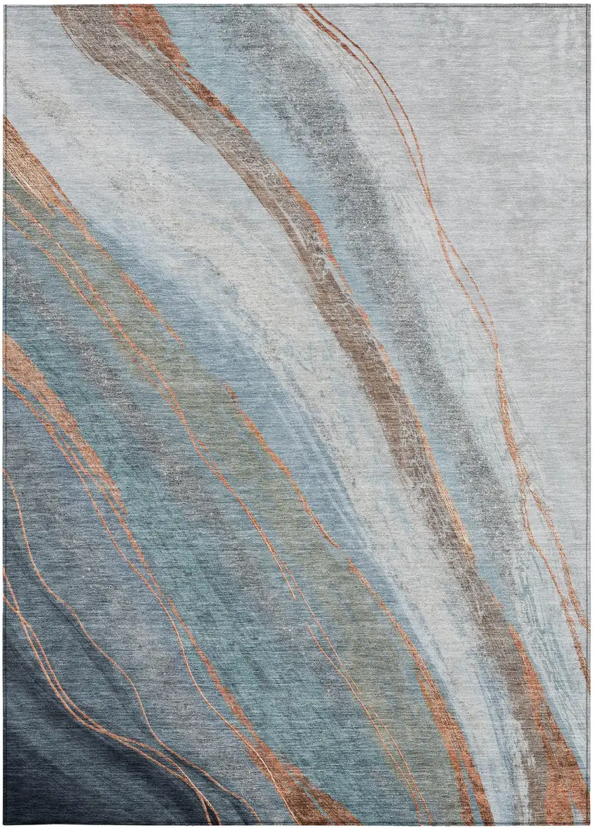 Blue And Copper Abstract Washable Indoor Outdoor Area Rug Photo 4