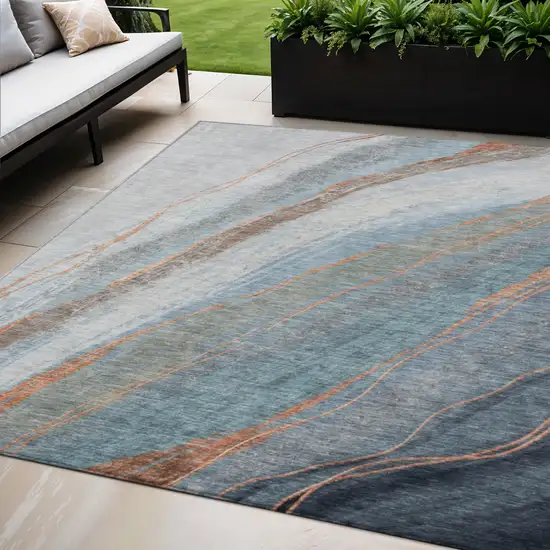Blue And Copper Abstract Washable Indoor Outdoor Area Rug Photo 2