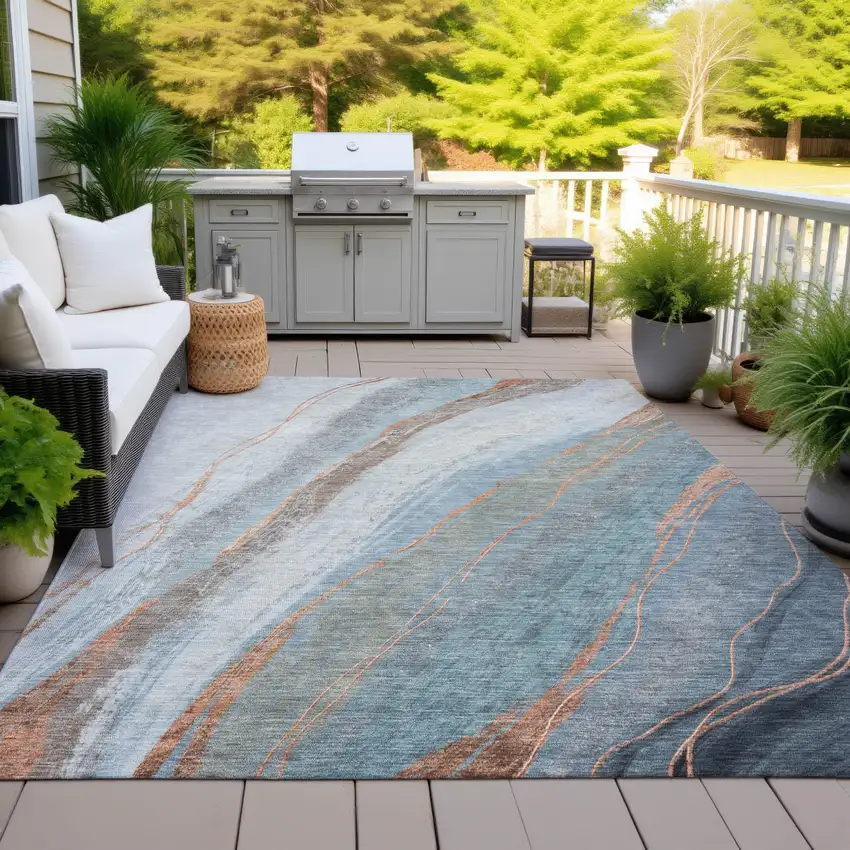 Blue And Copper Abstract Washable Indoor Outdoor Area Rug Photo 4