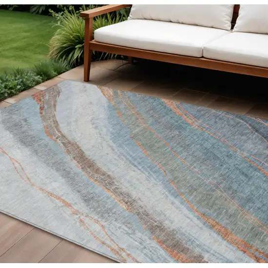 Blue And Copper Abstract Washable Indoor Outdoor Area Rug Photo 2