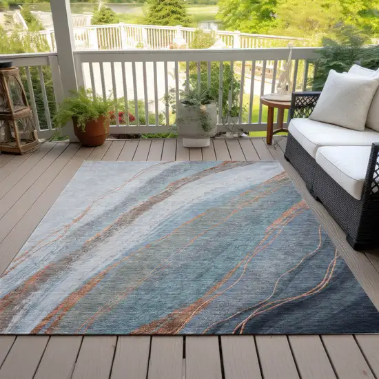 Blue And Copper Abstract Washable Indoor Outdoor Area Rug Photo 7