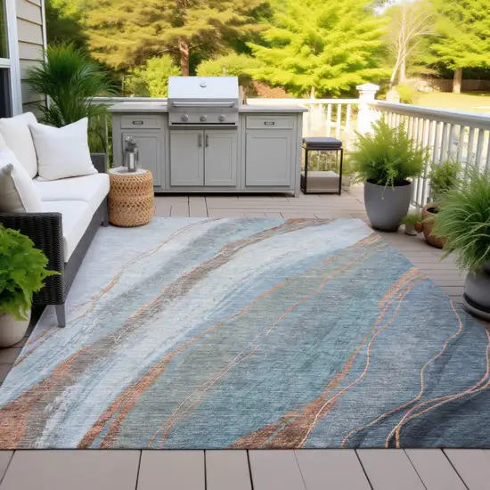 Blue And Copper Abstract Washable Indoor Outdoor Area Rug Photo 4