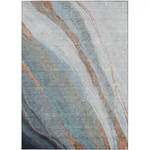 Photo of Blue And Copper Abstract Washable Indoor Outdoor Area Rug