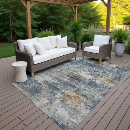 Blue And Copper Abstract Washable Indoor Outdoor Area Rug Photo 5