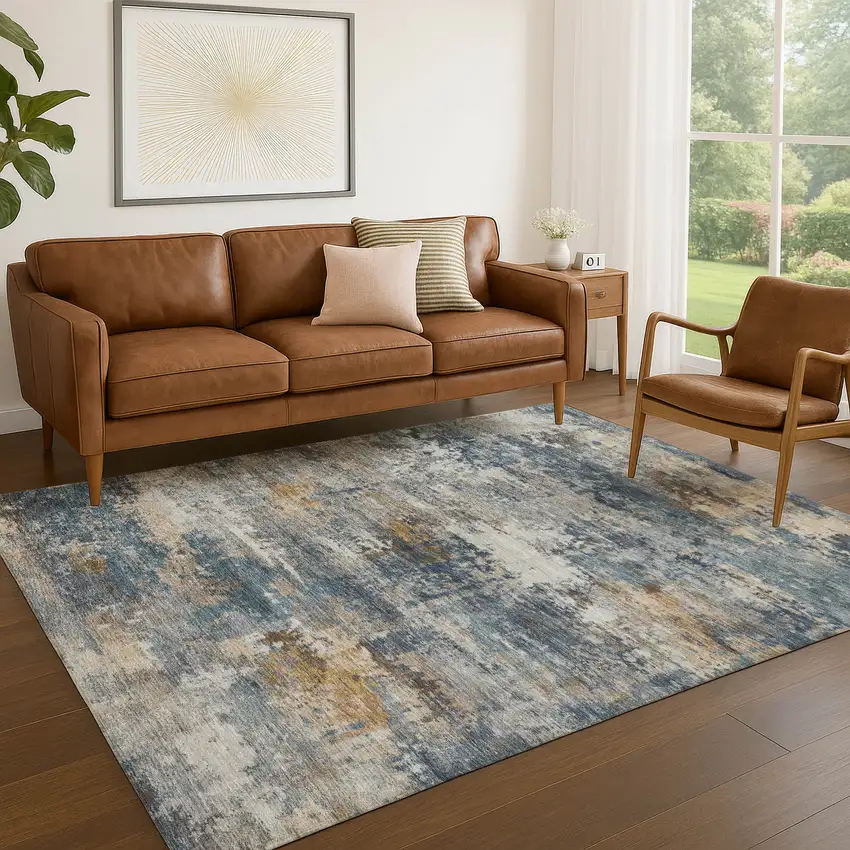 Blue And Copper Abstract Washable Indoor Outdoor Area Rug Photo 4